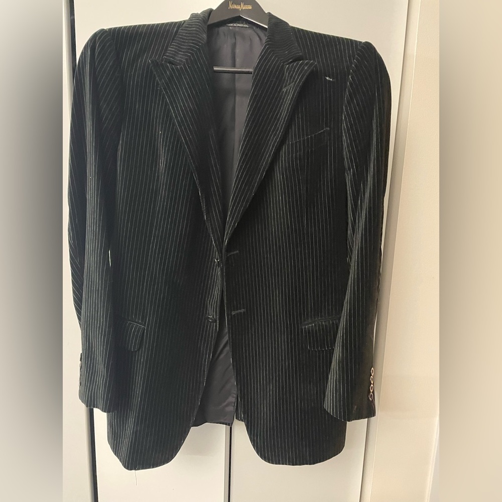 Men’s Armani velvet pinstripe blazer from Neiman Marcus